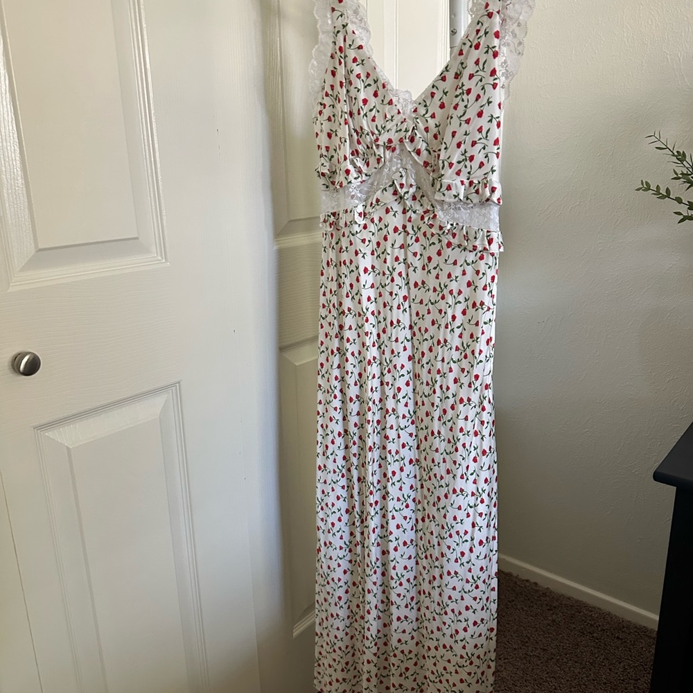 For Love & Lemons Floral White and Red Maxi Dress